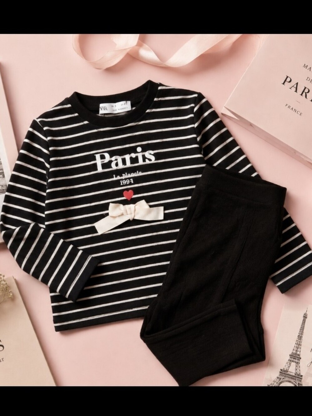 Zara Bunfle Stripe 'Paris' Sweatshirt Black Flair Pants Set